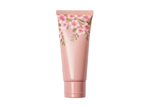 Pink clay detox mask tube with floral label isolated on a transparent background image