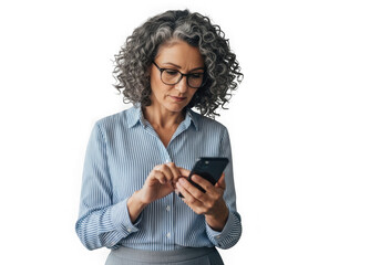 Mature woman with glasses using smartphone mobile phone technology business communication isolated on transparent background