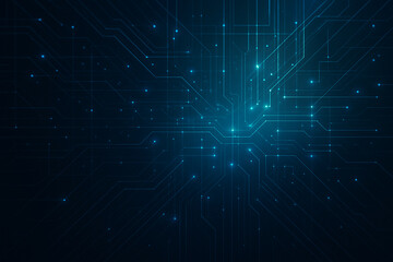 Fototapeta premium Abstract digital circuitry glowing with vibrant teal nodes and pathways, forming a complex network pattern on a dark background.