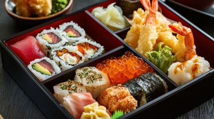 Japanese sushi bento with tempura shrimp
