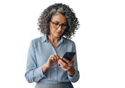 Mature woman with glasses using smartphone mobile phone technology business communication isolated on transparent background