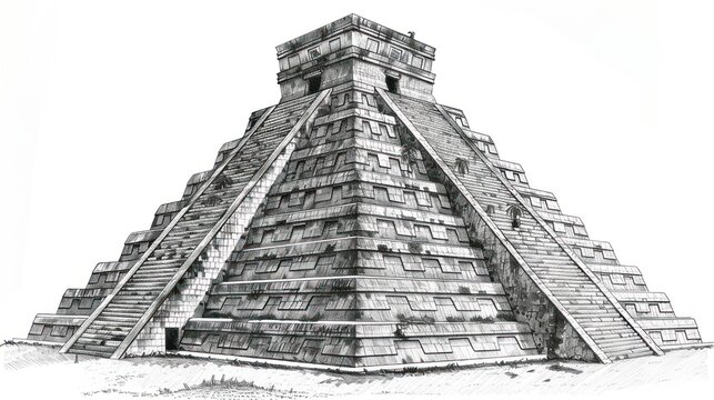 Ancient Mesoamerican pyramid,  detailed line drawing