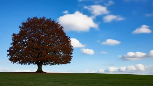Solitary Copper Beech Tree in a Verdant Field Under a Vivid Blue Sky with Puffy Clouds on a Sunny Day in an Expansive Countryside Setting