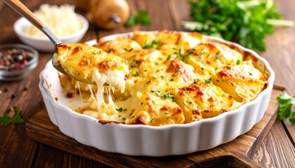 Creamy, cheesy potato gratin in a white baking dish, served on a wooden surface