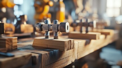 Crafted metal fixtures resting on a wooden workbench symbols of precision and artistry in a workshop setting under