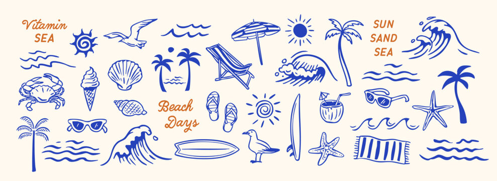 Hand-drawn beach-themed vector set with summer doodles like waves, palm trees, shells, crabs, sunglasses, and surfboards. Perfect for vacation designs, t-shirt prints, and tropical projects.