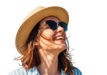 Smiling woman with hat and sunglasses looking upward happy face portrait photography isolated on transparent background
