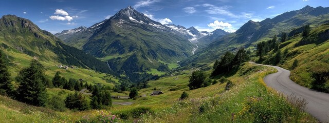 Alpine valley road winds through lush greenery, snow-capped peaks
