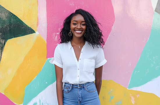 Smiling Black woman with curly hair in front of a vibrant mural African American