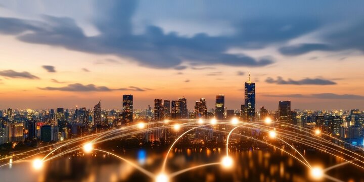 Twilight cityscape showcasing wireless connectivity and modern urban commerce development.