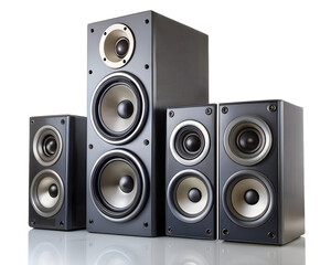 A set of four black audio speakers isolated on a transparent background