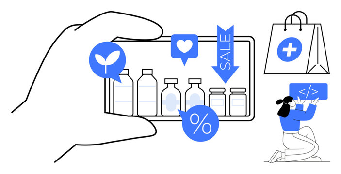 Smartphone screen with product bottles, sale, and discount icons, hand holding phone, woman coding, medical shopping bag. Ideal for ecommerce, health, shopping coding discounts app design simple