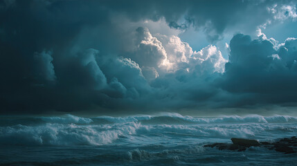 Fototapeta premium Stormy ocean with dramatic clouds, crashing waves, cinematic tones