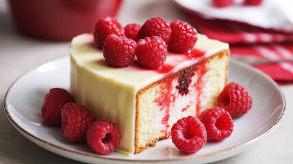 Delicious slice of raspberry cheesecake topped with fresh berries