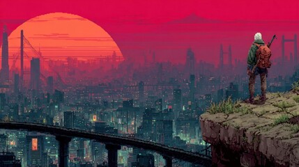 Pixel art cyberpunk character in neon cityscape