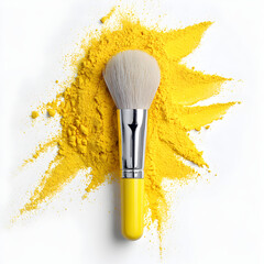 Bright yellow makeup brush and powder placed on a crisp white backdrop