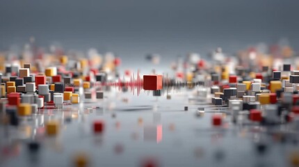 Abstract cityscape of colorful cubes with a central sound wave - Powered by Adobe