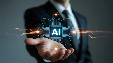 Businessman Presenting Artificial Intelligence Technology A Futuristic Vision of Business Applications