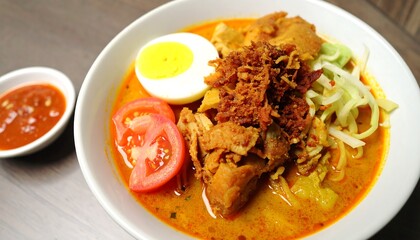 A high-resolution image of Indonesian soto ayam served in a white ceramic bowl with yellow turmeric broth, shredded chicken, vermicelli, boiled egg, and fresh vegetables. Garnished with fried shallots