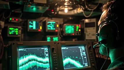 Focused operator in a dark control room monitoring complex data on glowing green screens. - Powered by Adobe