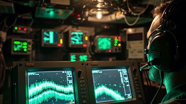 Focused operator in a dark control room monitoring complex data on glowing green screens.