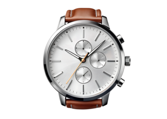 Silver analog wristwatch brown leather strap isolated on a transparent background white