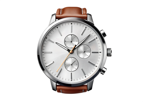 Silver analog wristwatch brown leather strap isolated on a transparent background white