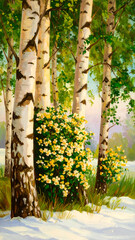 Serene Winter Light Through Birch Trunks with Blooming Flowers