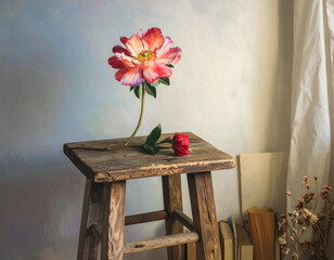 Bright Flower on Old Pine Stool in Warm Light Corner of Room
