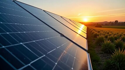Golden sunset illuminates solar panels in vast field, capturing clean energy potential and sustainable future vision.