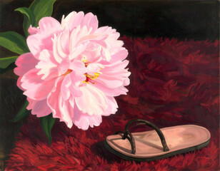A Forgotten Slipper Nestled Beside a Blooming Pink Flower