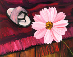 Warm Slipper and Pink Bloom Nestled on Cozy Rug Background