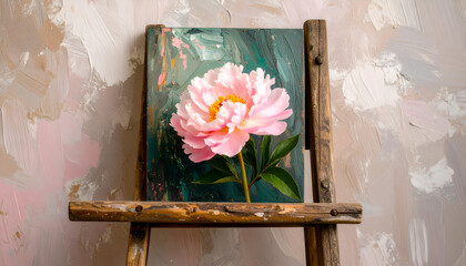 Delicate Pink Flower Resting on Wooden Coat Stand Against Abstract Background
