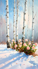 Pale Roses Under Bare Birch Trunks on Snow-Dusted Ground