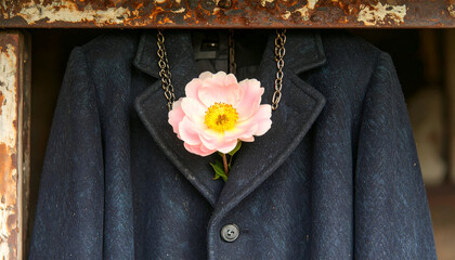 Dark Wool Coat with Pale Flower Pinned at Entry in Rustic Setting