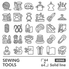 Sewing and knitting tools symbols collection or sketches, sewing theme in line style signs for web and app. Vector graphics isolated on white background.