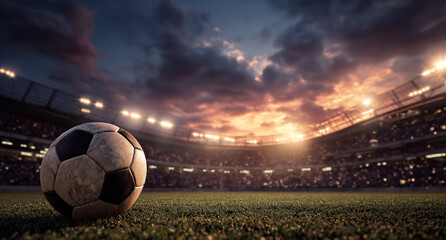 A soccer ball on the grass in front of an illuminated stadium with lights and people cheering during sunset. The background is a football field with fans