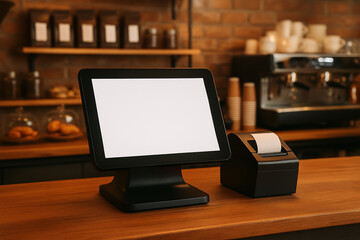 A modern point-of-sale system with a blank screen sits on a wooden counter.