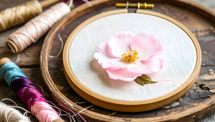 Delicate Flower Embroidery Thread in Circular Hoop on Wooden Table