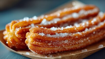 Fototapeta premium Golden, crispy churros coated in sugar are presented on a wooden plate, showcasing their delicious texture and appealing appearance.