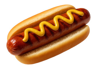 Grilled sausage in a soft bun topped with a swirl of yellow mustard on transparent background.