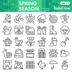 Spring season symbols collection or sketches, gardening theme in line style signs for web and app. Vector graphics isolated on white background.