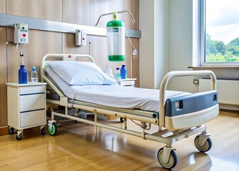 Bright hospital nursery room with crib chair and large window overlooking nature