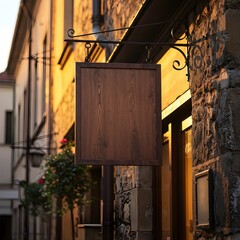Square Wooden Sign Mockup with Frame on a Stone Wall at Sunset