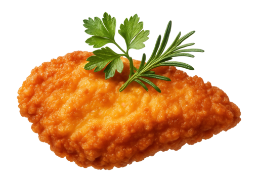 Crispy golden breaded chicken fillet garnished with fresh parsley and rosemary on transparent background.