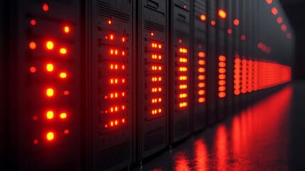 Obraz premium Row of server cabinets with illuminated indicator lights.