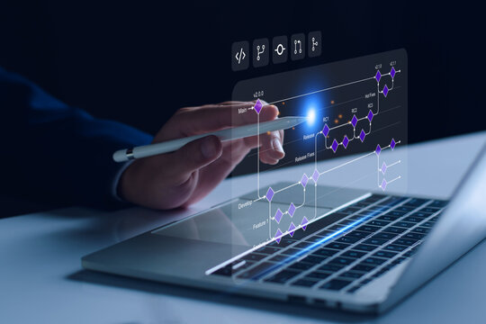 Businessman with Software development flowchart diagram showing branching, merging, pull request, commit, development, and release version process workflow. Distributed version control, Git flow