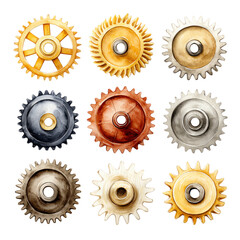 Set of vintage gears in various colors and textures.