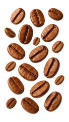 Obraz premium Floating roasted coffee beans with a rich brown color and smooth texture on transparent background.