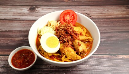 A high-resolution image of Indonesian soto ayam served in a white ceramic bowl with yellow turmeric broth, shredded chicken, vermicelli, boiled egg, and fresh vegetables. Garnished with fried shallots